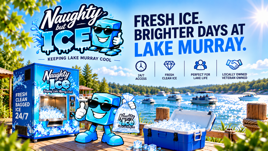 Naughty but Ice self-service ice vending at Lake Murray, South Carolina. Fresh, clean bagged ice available 24/7 from a locally owned, veteran-owned business.